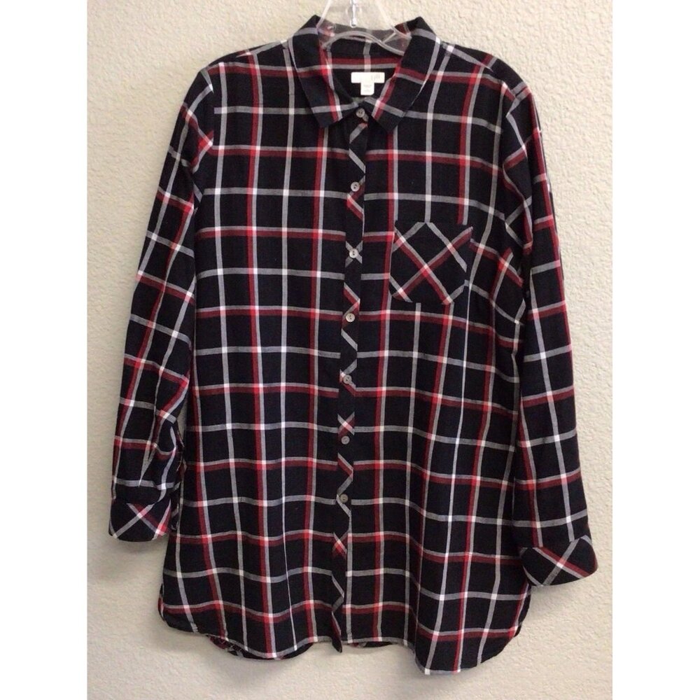 J Jill Tunic Button Up Blouse Shirt Black Plaid Size Large Petite Pockets LS